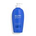 Blaue Lotionflasche mit Pumpspender, Text: "BIOTHERM BODY GEL BODY MILK".