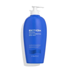 Blaue Lotionflasche mit Pumpspender, Text: "BIOTHERM BODY GEL BODY MILK".