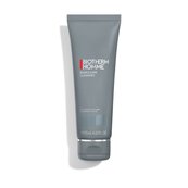 Grau-graue Tube steht aufrecht auf weißem Hintergrund, beschriftet mit "BIOTHERM HOMME".