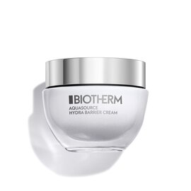 Ein weißer Tiegel mit silbernem Deckel, beschriftet mit "BIOTHERM AQUASOURCE HYDRA BARRIER CREAM".