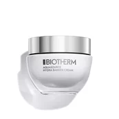 Ein weißer Tiegel mit silbernem Deckel, beschriftet mit "BIOTHERM AQUASOURCE HYDRA BARRIER CREAM".