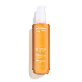 Orangene Flasche mit Pumpspender auf weißem Hintergrund. Text: "Biotherm Biosource Total Renew Oil".