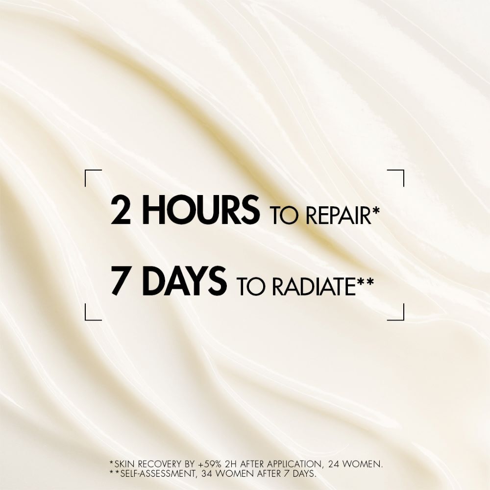 Weißer Hintergrund mit Text: "2 HOURS TO REPAIR*, 7 DAYS TO RADIANT**". Text am unteren Rand: "*Surface cells, **Radiance".