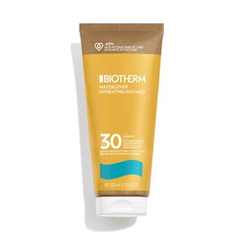 Gelbe Tube Sonnencreme mit SPF 30, vertikal stehend auf weißem Hintergrund, Etikett: "BIOTHERM".
