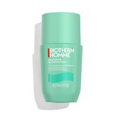 Eine turkisfarbene Flasche mit der Aufschrift „BIOTHERM HOMME AquaFitness“ auf weißem Hintergrund.
