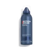 Dunkelblaue Flasche auf weißem Hintergrund mit Text: "BIOTHERM HOMME Shaving Gel".