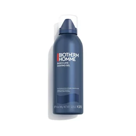 Dunkelblaue Flasche auf weißem Hintergrund mit Text: "BIOTHERM HOMME Shaving Gel".