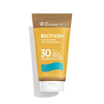 Gelbe Sonnencreme-Tube mit braunem Deckel; Text: "Biotherm Waterlover Hale Suncare 30".