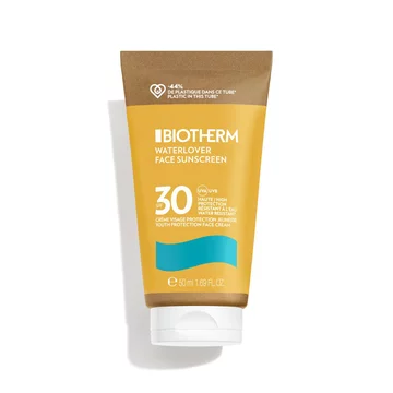 Gelbe Sonnencreme-Tube mit braunem Deckel; Text: "Biotherm Waterlover Hale Suncare 30".