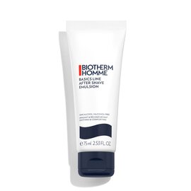 Weiße Tube mit schwarzem Verschluss, Aufschrift: "BIOTHERM HOMME ACTIVE AFTER SHAVE EMULSION 75ml 2.53 FL. OZ".