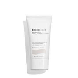 Eine weiße Tube mit Text "BIOTHERM Aquasource Creme"; steht aufrecht; neutraler Hintergrund.