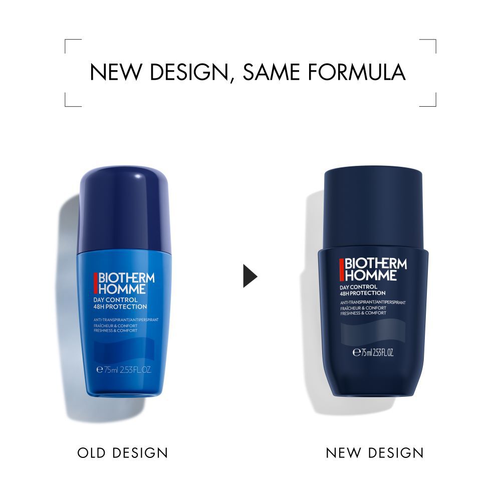 Zwei blaue Deodorantflaschen im neuen und alten Design, ubereinander "NEW DESIGN, SAME FORMULA". Darunter "Unser bisheriges" und "Unser Neues".