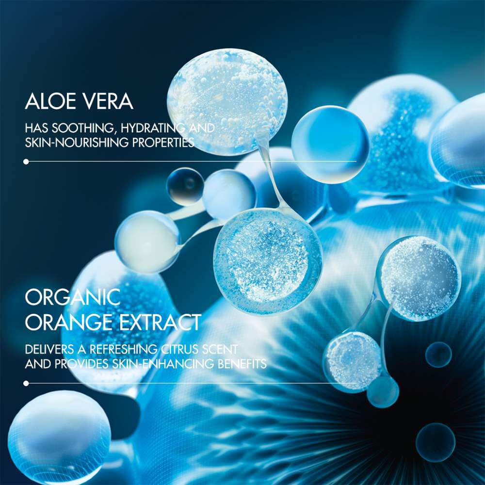 Mehrere schwebende Zellen in Blau auf dunklem Hintergrund. Text: ALOE VERA, ERGANZENDE PFLEGE, CREME, CREME VITALIS, Mit Aloe Vera Extrakt fur die Haut.