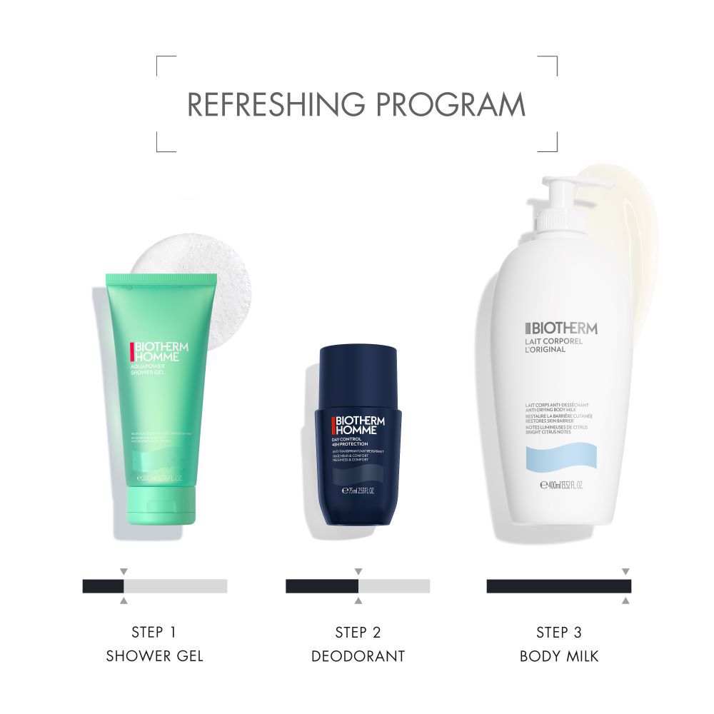 Drei Pflegeprodukte nebeneinander. Links Scrub, Mitte Deodorant, rechts Korperlotion. Text: "NECESSARY MORNING".