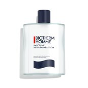 Aftershave-Flasche mit blauem Deckel, Text: "BIOTHERM HOMME BASICSULMINE AFTER-SHAVE LOTION".