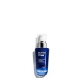 Flasche mit Pumpspender steht aufrecht, Etikett: "Biotherm Life Plankton Elixir", weißer Hintergrund.