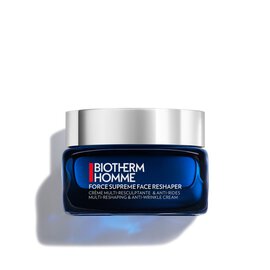 Blauer Cremetiegel mit silbernem Deckel steht auf weißem Hintergrund. Text: "BIOTHERM HOMME FORCE SUPREME FACE REPARER".