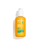 Gelbe Sonnencremeflasche mit weißem Deckel, SPF 50+, auf weißem Hintergrund.