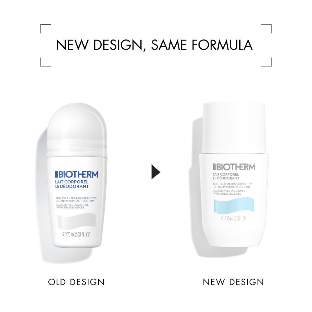 Zwei Deodorantflaschen nebeneinander; Links alte, rechts neue Verpackung. Text: "NEW DESIGN, SAME FORMULA".