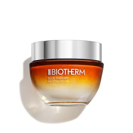 Creme in orange-braunem Glastiegel mit silbernem Deckel, Text: "BIOTHERM, BLUE THERAPY REVITALIZE DAY".