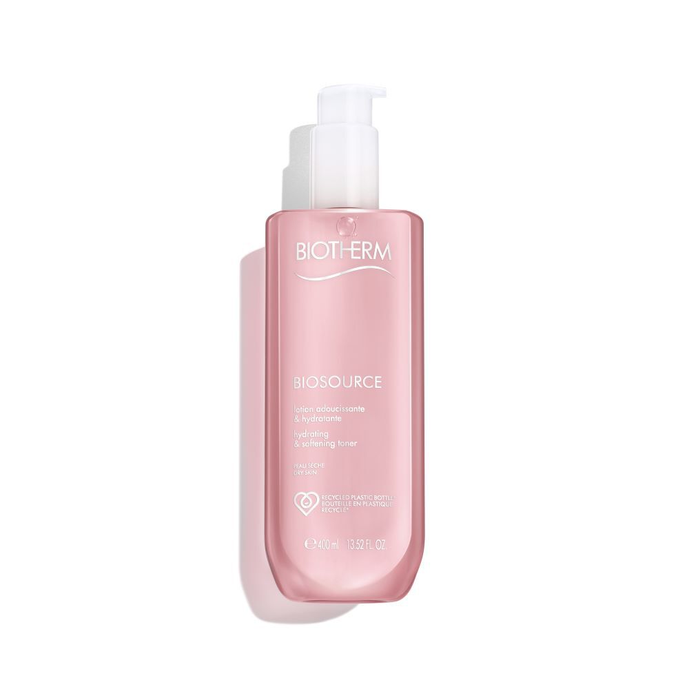 Rosa Pumpspender-Flasche, vertikal stehend, mit der Aufschrift: "BIOTHERM BIOSOURCE".