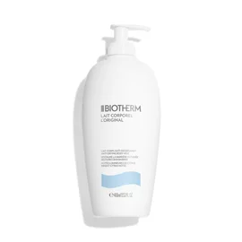 Weiße Flasche mit Pumpverschluss und blauer Wellenlinie, auf der "BIOTHERM LAIT CORPOREL" steht.