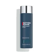 Dunkle Flasche mit silbernem Deckel, steht vertikal; Text: "Biotherm Homme Force Supreme Lotion" und Inhaltsangabe.