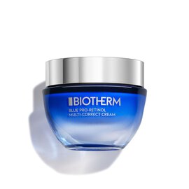 Ein blauer Kosmetiktiegel mit silbernem Deckel. Text: "BIOTHERM BLUE PRO-RETINOL MULTI-CORRECT CREAM".