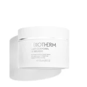 Eine weiße Cremedose mit der Aufschrift "BIOTHERM LAIT CORPOREL L'ESSENCE" vor weißem Hintergrund.