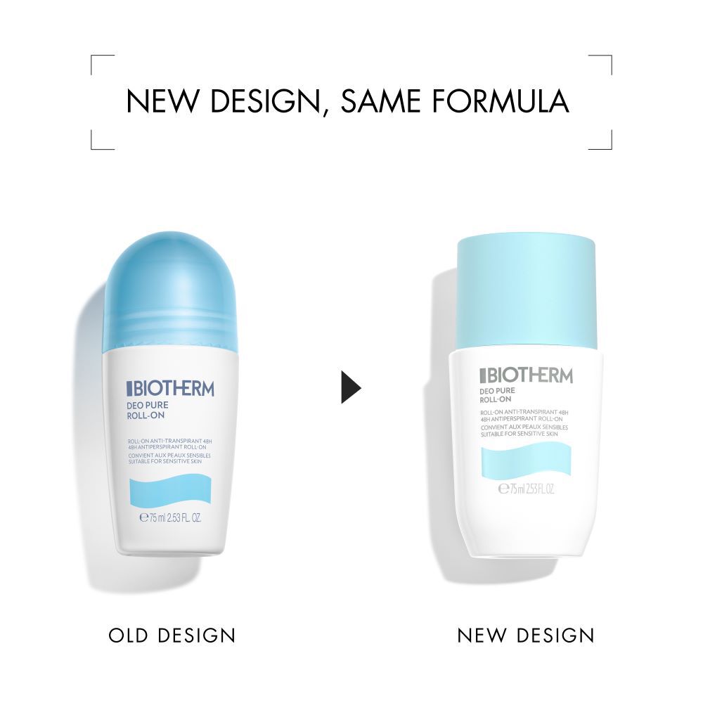 Alte Flasche und neue Flasche mit blauem Deckel; Text: "NEW DESIGN, SAME FORMULA" oben.