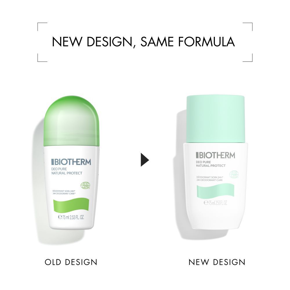 Zwei Deodorantflaschen, altes und neues Design, mit Text "NEW DESIGN, SAME FORMULA".