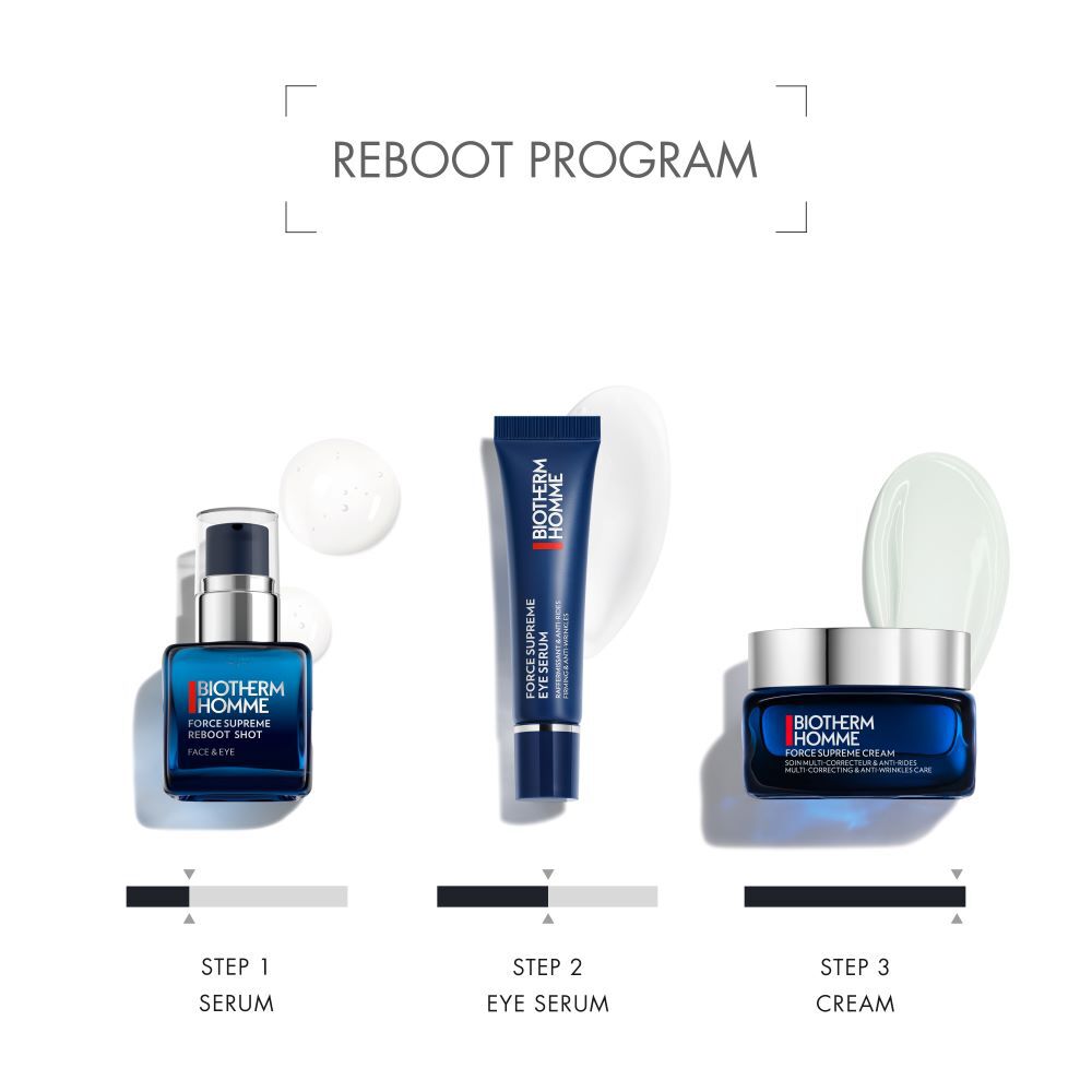 Drei blaue Kosmetikflaschen; links Serumflasche, Mitte Tube, rechts Dose mit offener Kappe; Text: "Bridget Program".