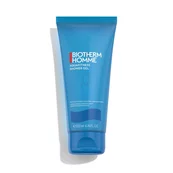 Eine blaue Tube Duschgel steht aufrecht, Hintergrund weiß. Text: "BIOTHERM HOMME AQUAFITNESS SHOWER GEL".