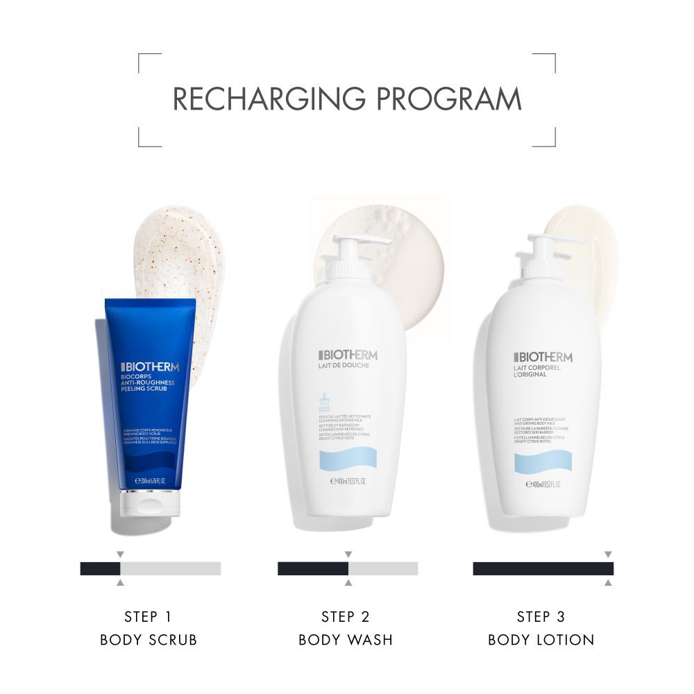 Drei Kosmetikprodukte auf weißem Hintergrund. Text: "RECHARGING PROGRAM" und Produktbezeichnungen.