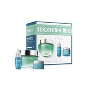 Kosmetikset enthalt Cremedose, Flakon und Tiegel vor Verpackung mit Text: "BIOTHERM"; auf weißem Hintergrund.