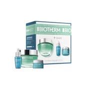 Kosmetikset enthalt Cremedose, Flakon und Tiegel vor Verpackung mit Text: "BIOTHERM"; auf weißem Hintergrund.