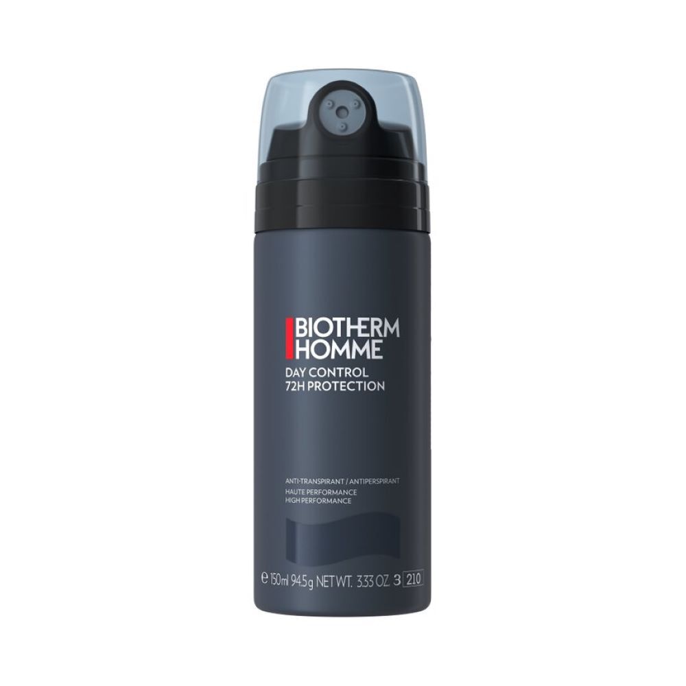 Ein schwarzes Deo-Spray-Flaschchen mit der Aufschrift "BIOTHERM HOMME DAY CONTROL 72H PROTECTION".