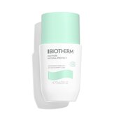 Flaschchen mit mintgrunem Deckel stehend, Biotherm-Logo und Text: "Eau Pure Natural Protect, SPF50, 30 ml".
