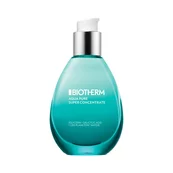 Turkisfarbige Flasche mit Pumpverschluss, markiert mit "BIOTHERM Aqua Pure Super Concentrate".