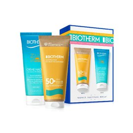 Zwei Biotherm-Sonnenpflegeprodukte vor einer Verpackung; Schutz in sommerlichem Design.