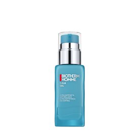 Blaues Flaschchen mit Pumpspender, steht aufrecht, umgeben von einem weißen Hintergrund. Text: "BIOTHERM HOMME T-Pur Antioxidant Regulating Moisturizing Gel Anti-Oil & Shine 50ml".