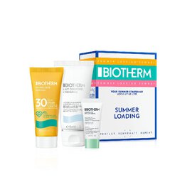 Vier Biotherm-Kosmetikprodukte stehen vor einer Verpackung mit der Aufschrift "SUMMER LOADING".