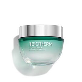 Ein gruner Cremetiegel mit silbernem Deckel, auf weißem Hintergrund. Text: "BIOTHERM AQUASOURCE CREAM".