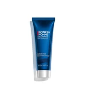 Blaue Tube steht aufrecht; enthalt "BIOTHERM HOMME" Pflegeprodukt; weißer Hintergrund.