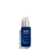Ein dunkelblauer Pumpspender mit silbernem Kopf, stehend, auf weißem Hintergrund, Biotherm Homme Text.