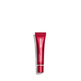 Rote Tube mit einem Kosmetikprodukt, stehend auf weißem Hintergrund.