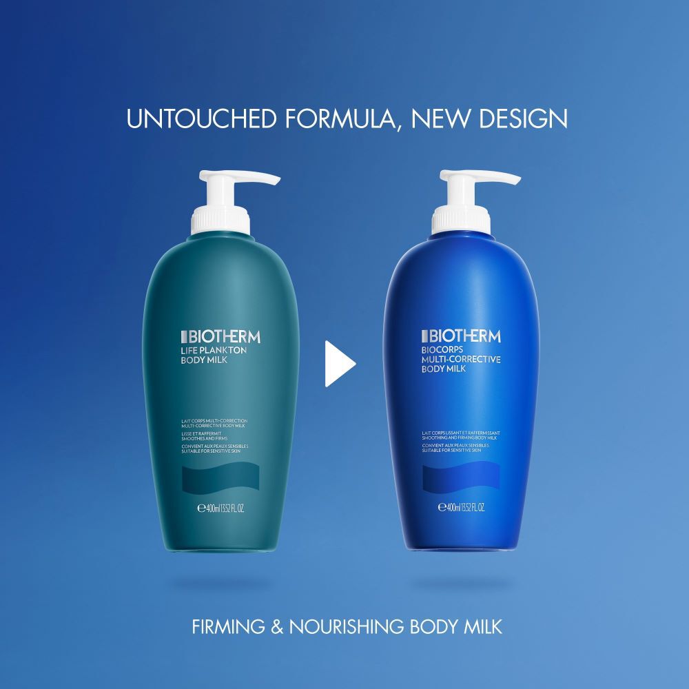 Zwei Shampoo-Flaschen mit Pumpaufsatz, links grun und rechts blau, vor blauem Hintergrund. Text: "UNIFORMLY FOREVER, NEW DESIGN. Thank you for growing with us".