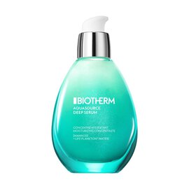 Eine grune Flasche mit Pumpe enthalt Biotherm Life Plankton Elixir Serum, steht auf weißem Hintergrund.