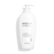 Eine weiße Pumpflasche, BIOTHERM Lait Corporel beschriftet, vor weißem Hintergrund.