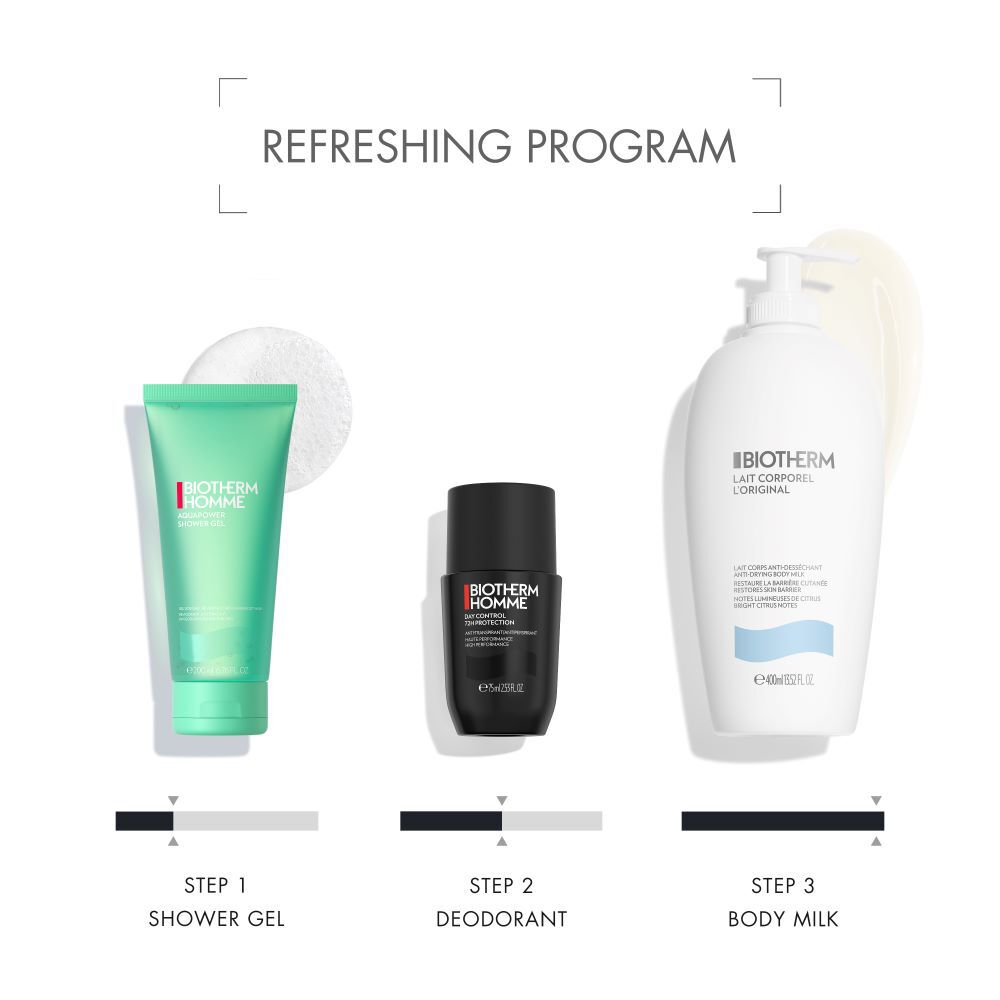 Ein grunes Gel, ein schwarzes Serum und eine weiße Lotion stehen nebeneinander. Uberschrift: "MORNING PROGRAM". Texte: 1. FEUCHTIGKEIT FUR EINEN FRISCHEN START 2. GLATTE INTENSIVE PFLEGE 3. STRALENDE GEWASCHENE HAUT.